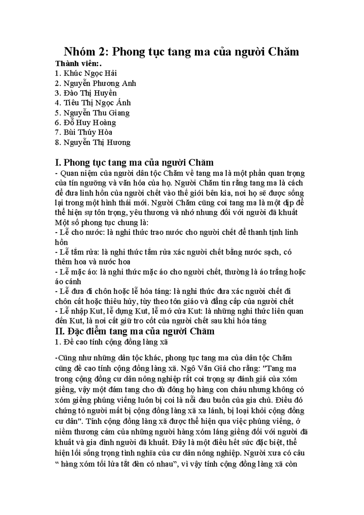Phong tục tang ma của dân tộc Chăm: Ghi chú và đặc điểm - Studocu