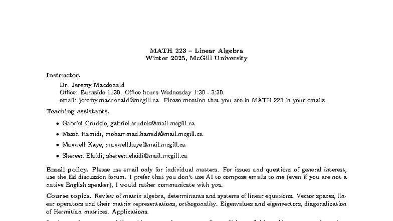 MATH 223 Winter 2025 Linear Algebra Course Syllabus - Studocu