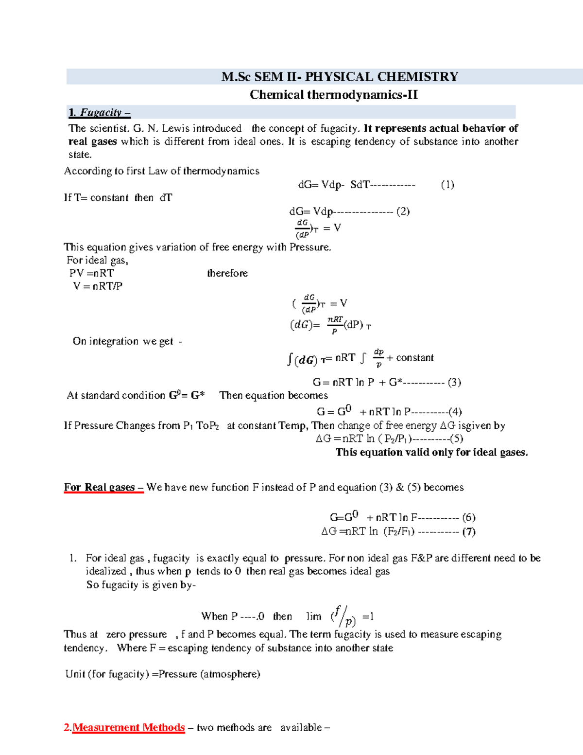 M.Sc SEM PHYSICAL CHEMISTRY: Thermodynamics-II Unit 1 Notes - Studocu