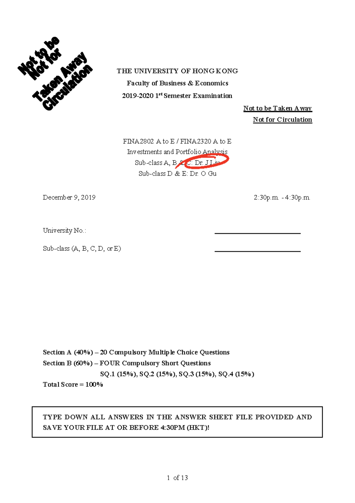 FINA2802 Fall 2019 Final Exam Practice Questions and Solutions - Studocu