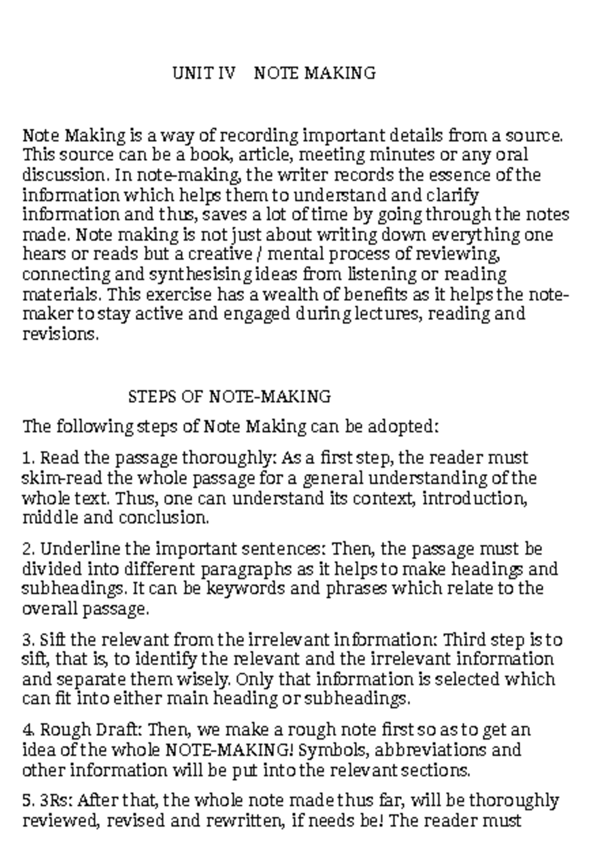 Note Making - These are best notes - UNIT IV NOTE MAKING Note Making is ...