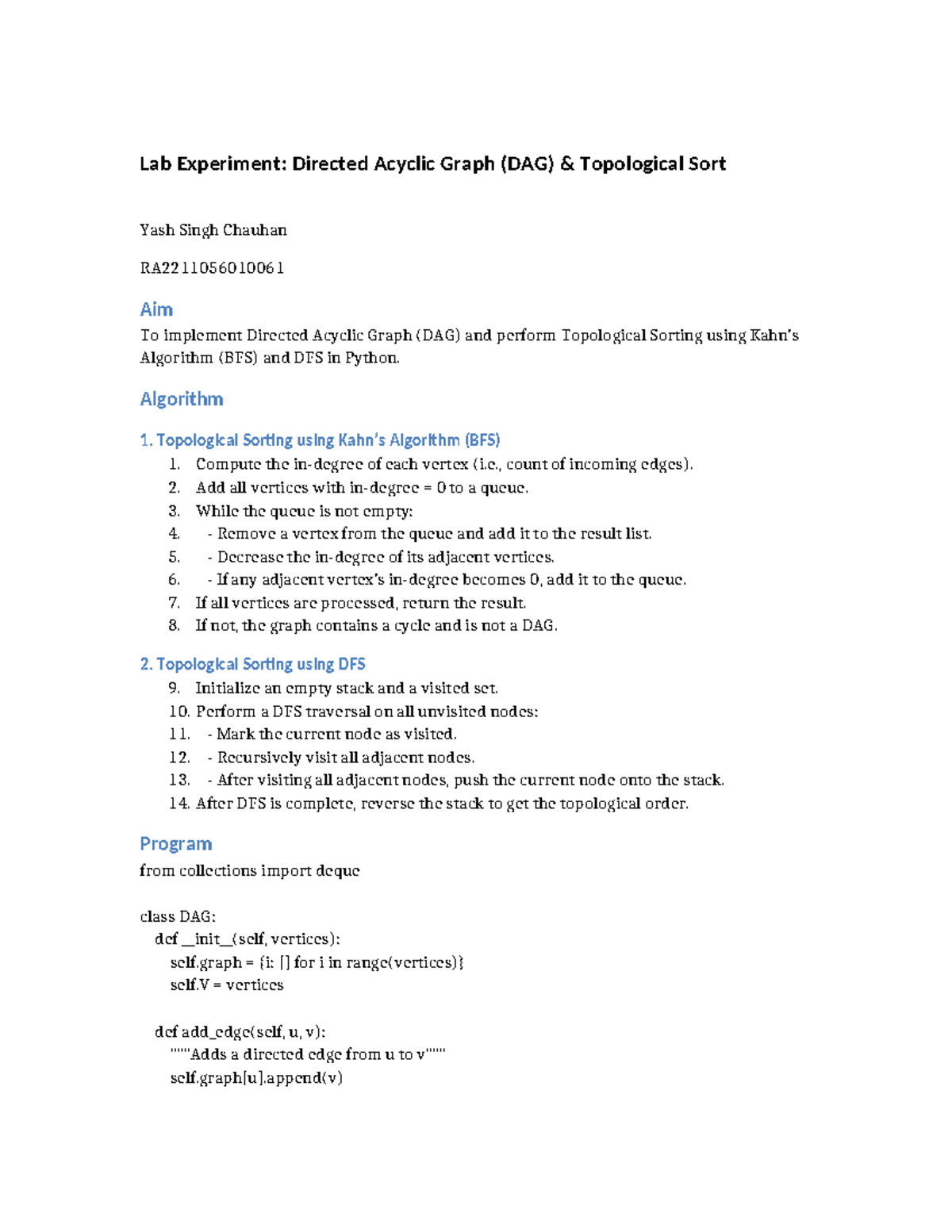 Lab Experiment: DAG Topological Sort Implementation in Python (SNA 221 ...