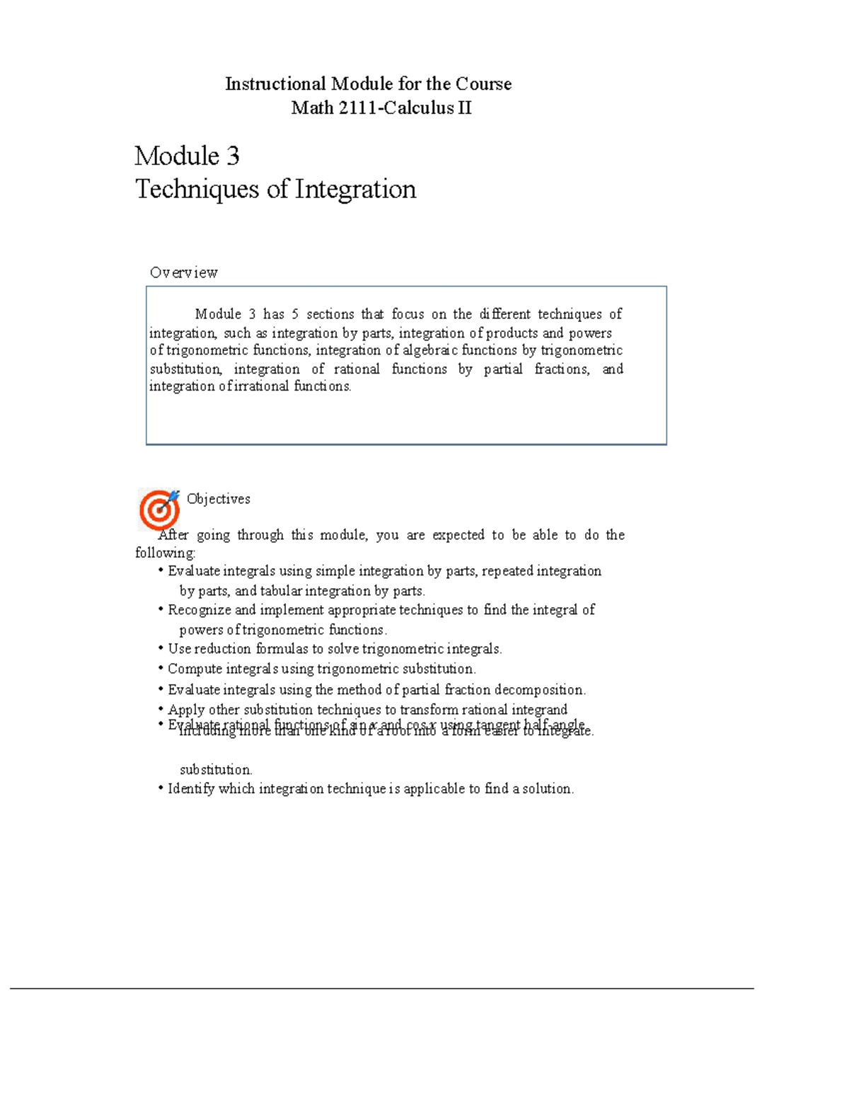 Math II (Calculus II) Module 3: Techniques of Integration Overview ...