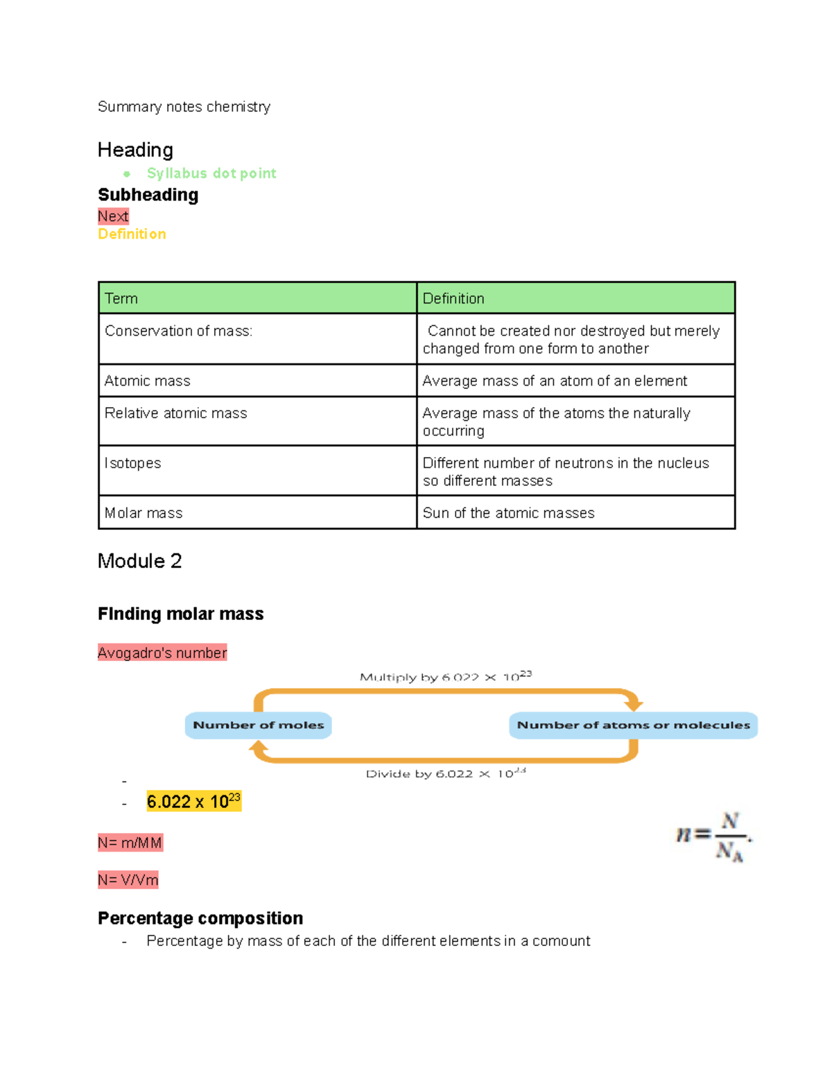 Chemistry Summary Notes: Key Concepts and Definitions for Module 2 & 3 ...