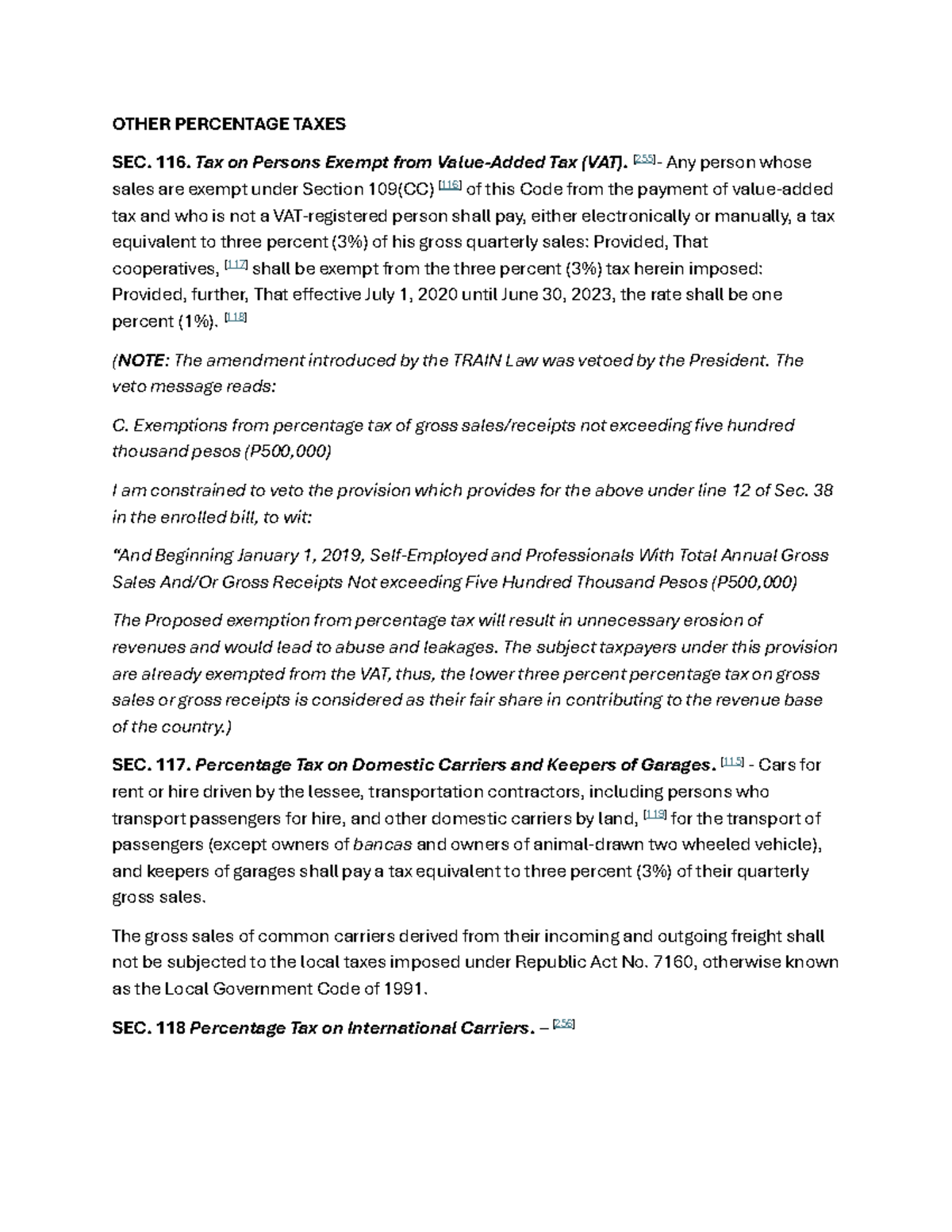 Pertinent Legal Provisions on Percentage Tax (Sec. 116-122) - Studocu