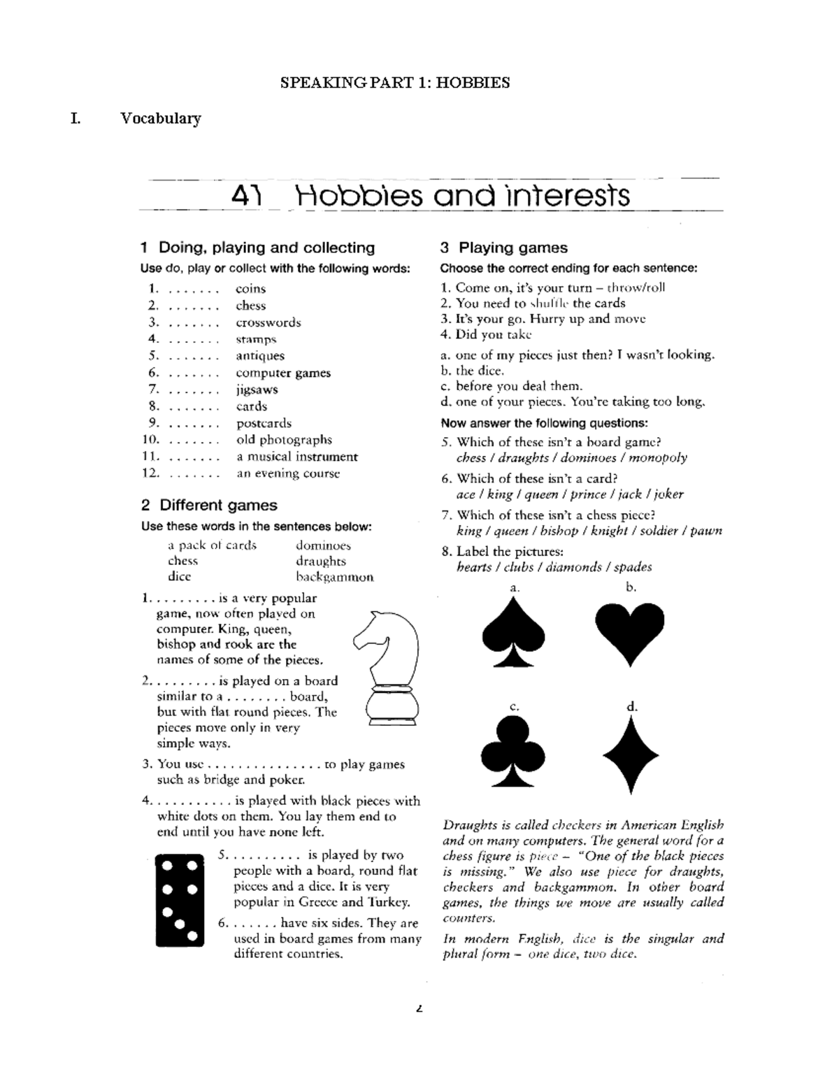 01. Speaking Part 1: Hobbies Vocabulary and Activities Guide - Studocu