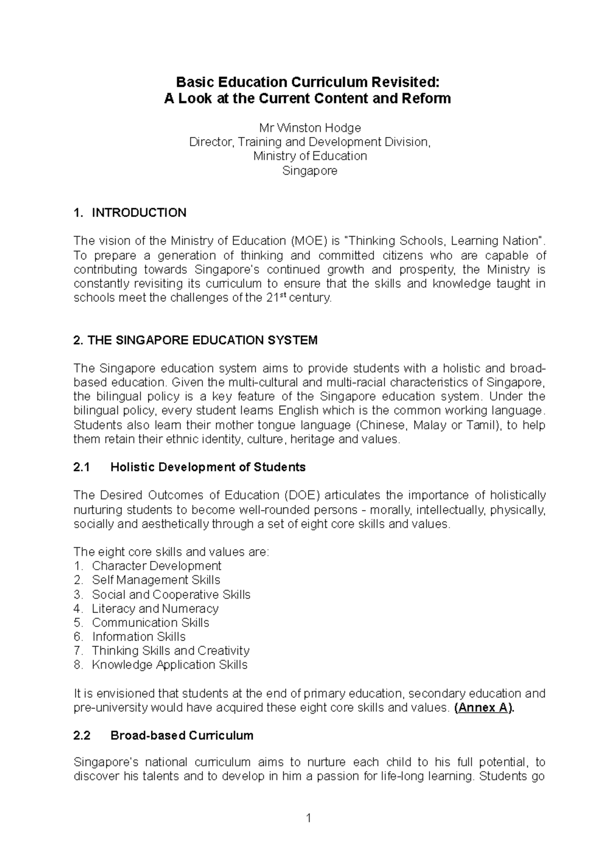 EDU 101: Revisiting the Basic Education Curriculum in Singapore - Studocu
