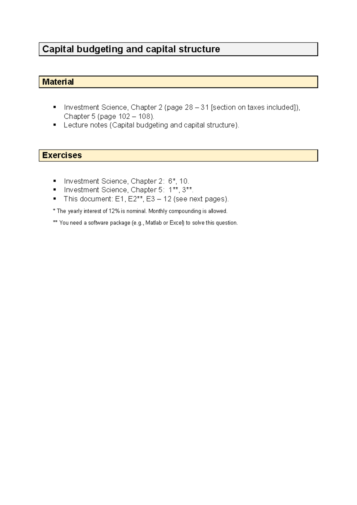 Exercises on Capital Budgeting and Capital Structure (Investment ...