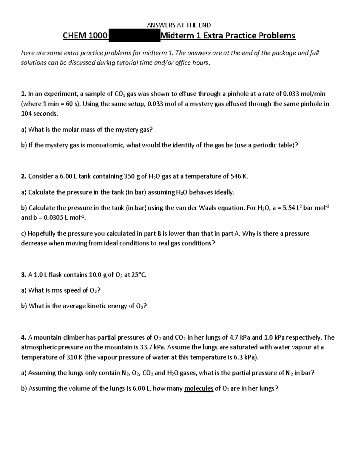 CHEM1000 Midterm 1 Extra Practice Problems and Solutions - Studocu