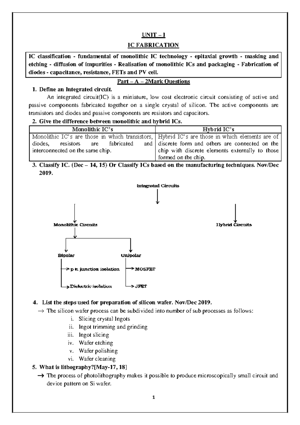 Unit I: IC Fabrication Fundamentals and 2 Mark Questions - Studocu