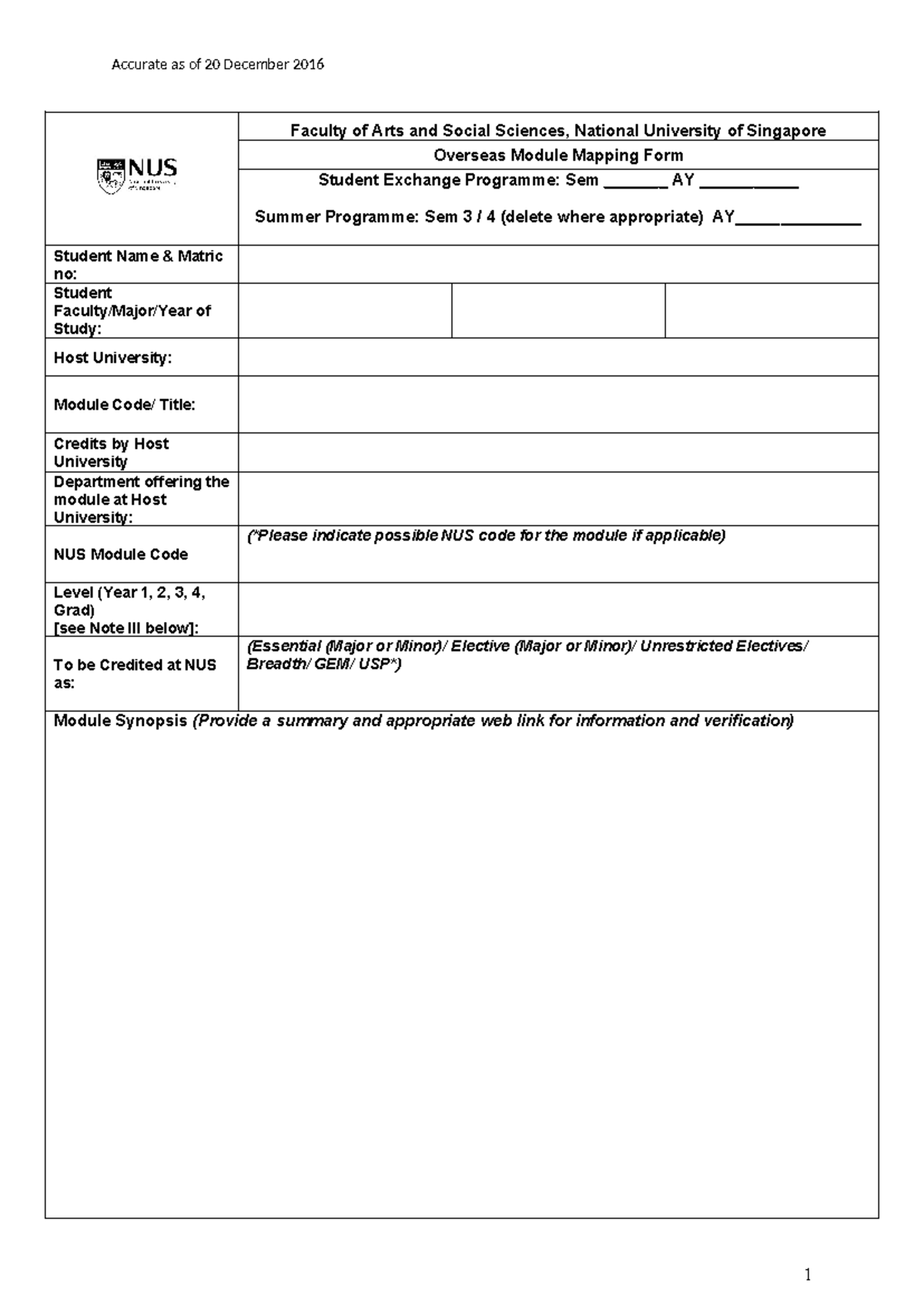 FASS Module Mapping Form for Student Exchange Programme - Studocu