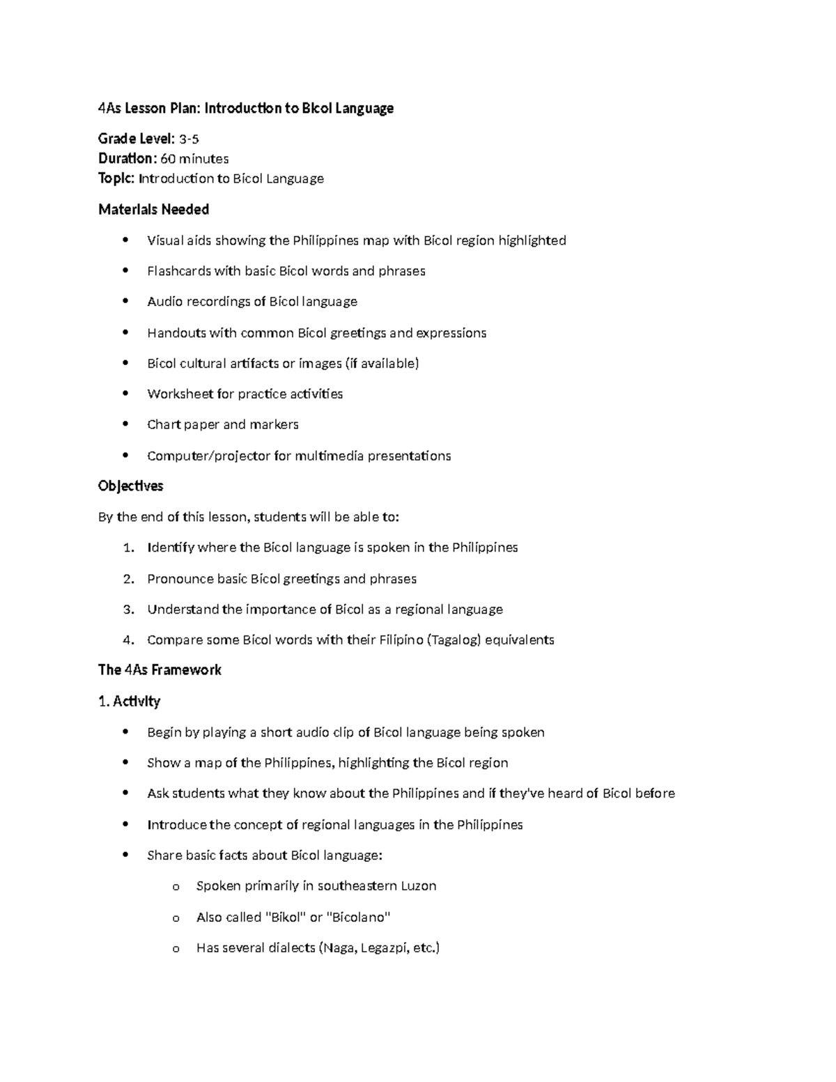 4As Lesson Plan bicol - 4As Lesson Plan: Introduction to Bicol Language ...