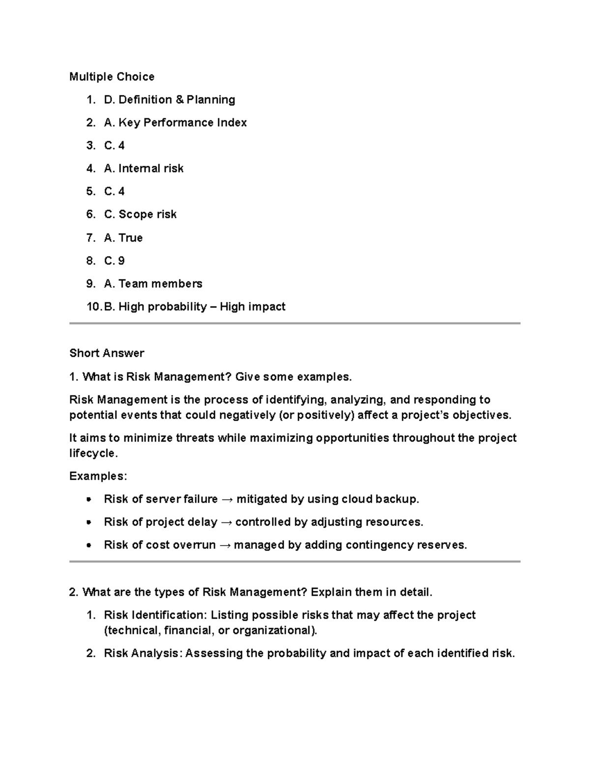 Risk Management Overview: MCQ & Short Answer Guide (Course Code) - Studocu