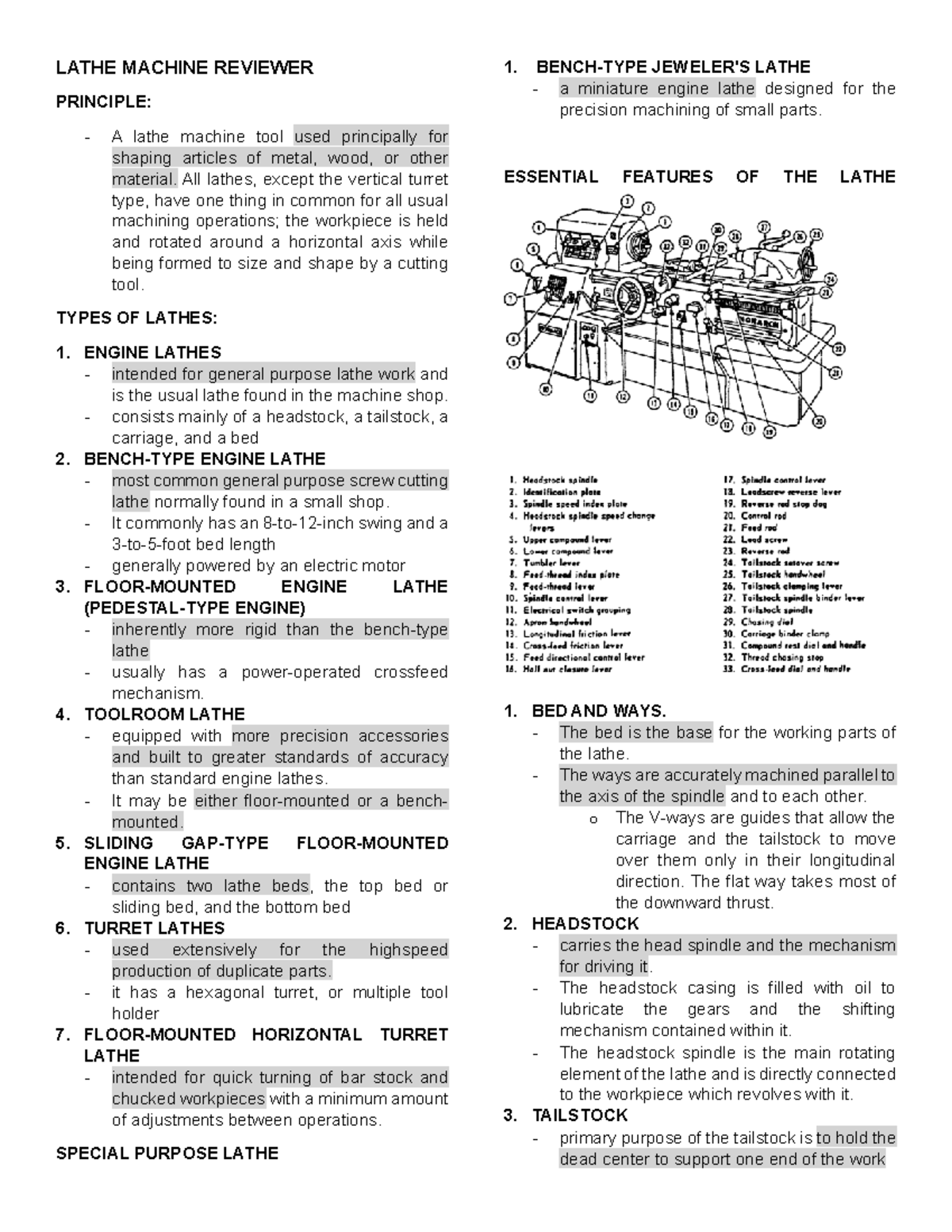 Lathe Machine Reviewer: Types, Features, and Practical Exercises - Studocu