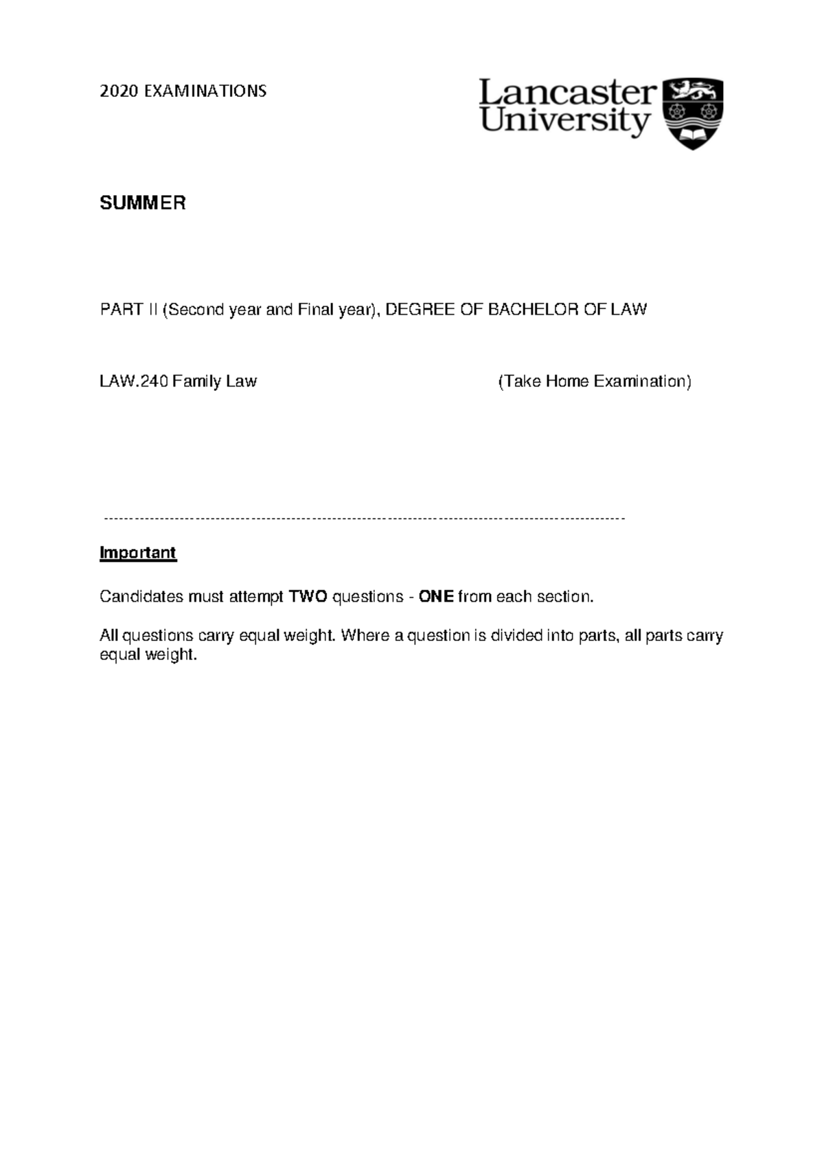 2020 LAW.240 Family Law Take Home Exam: Key Questions & Analysis - Studocu