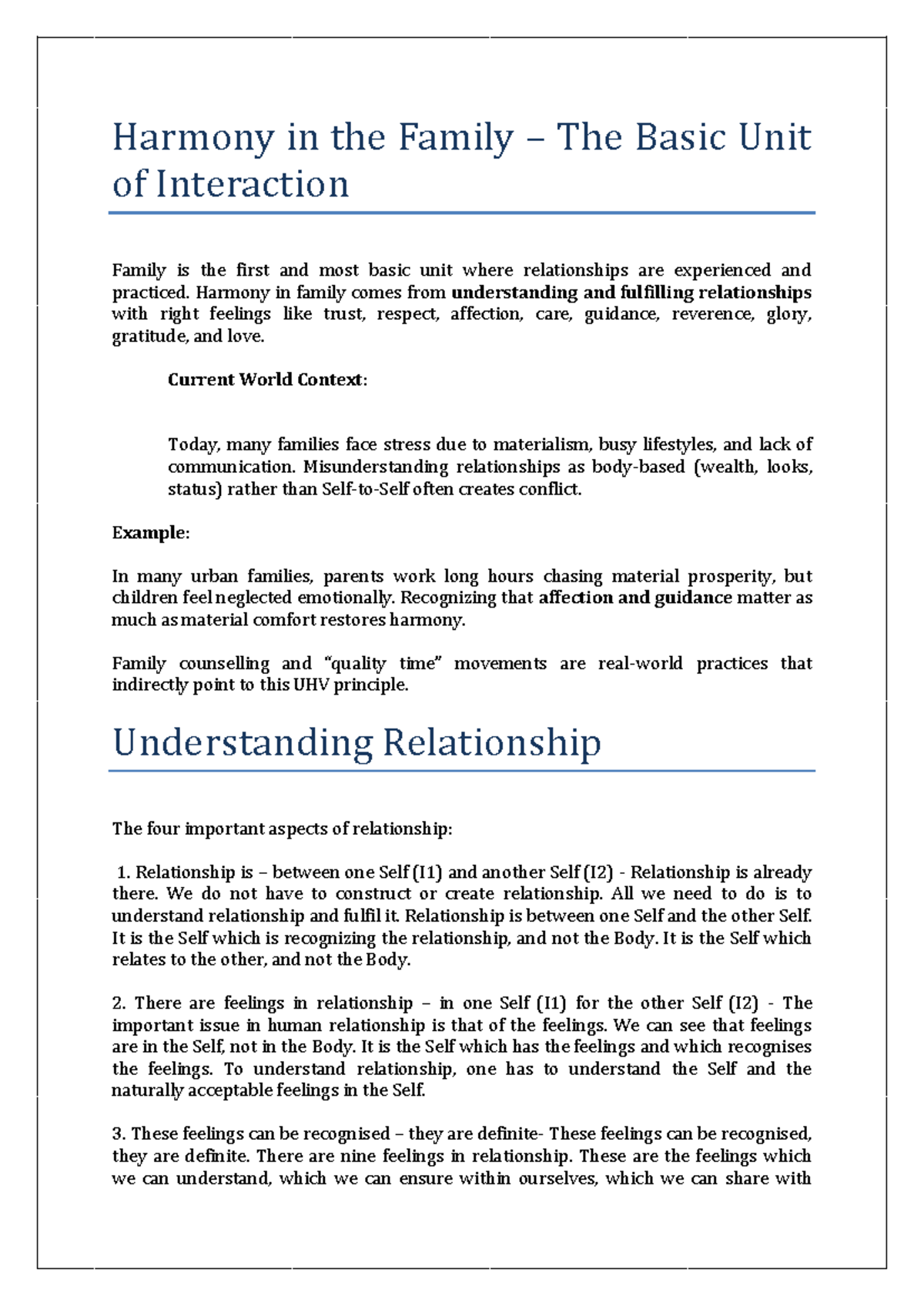 UHV 3 2 Yr - Family Harmony and Relationship Dynamics Notes - Studocu