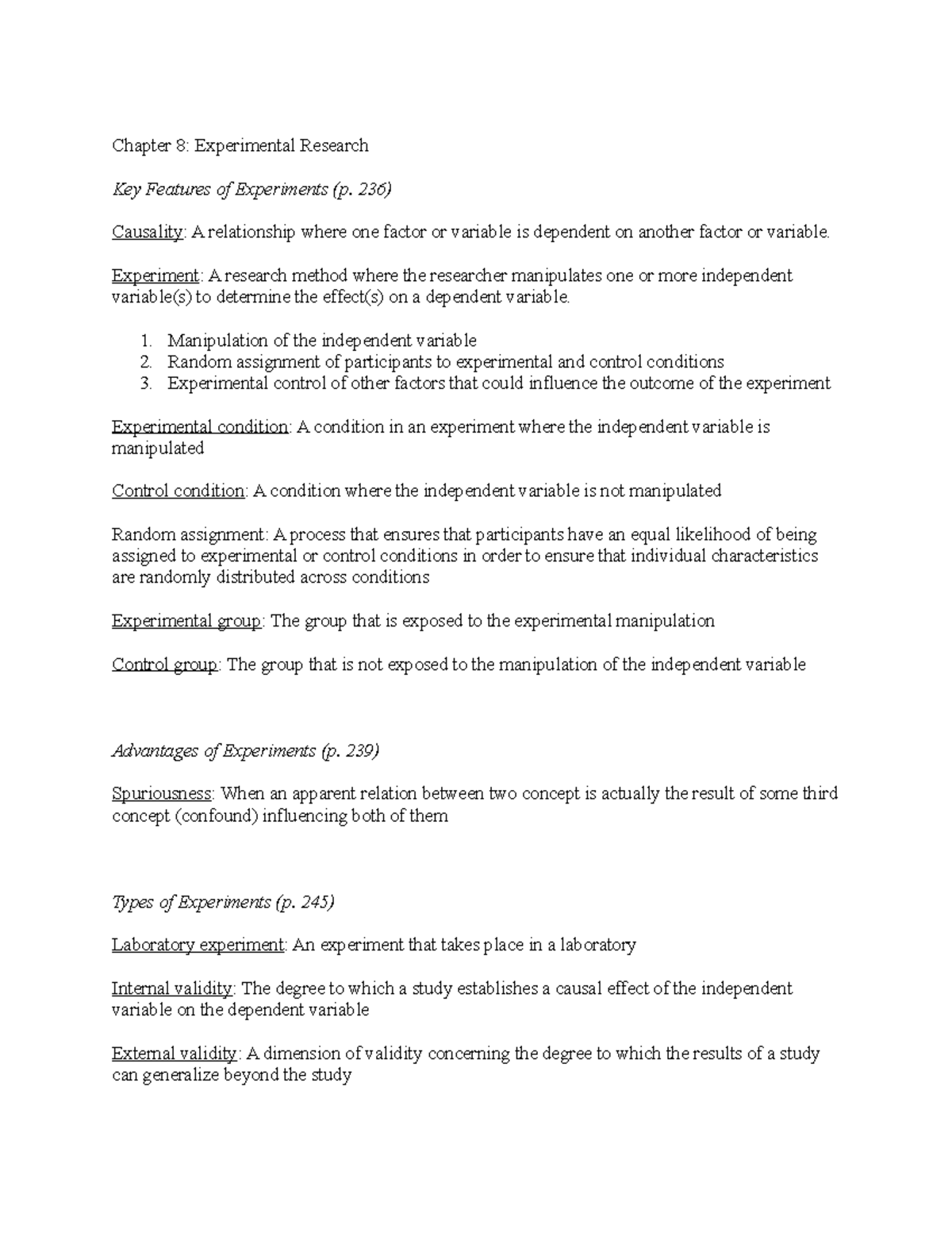 Ch. 8 Notes - Chapter 8: Experimental Research Key Features of ...