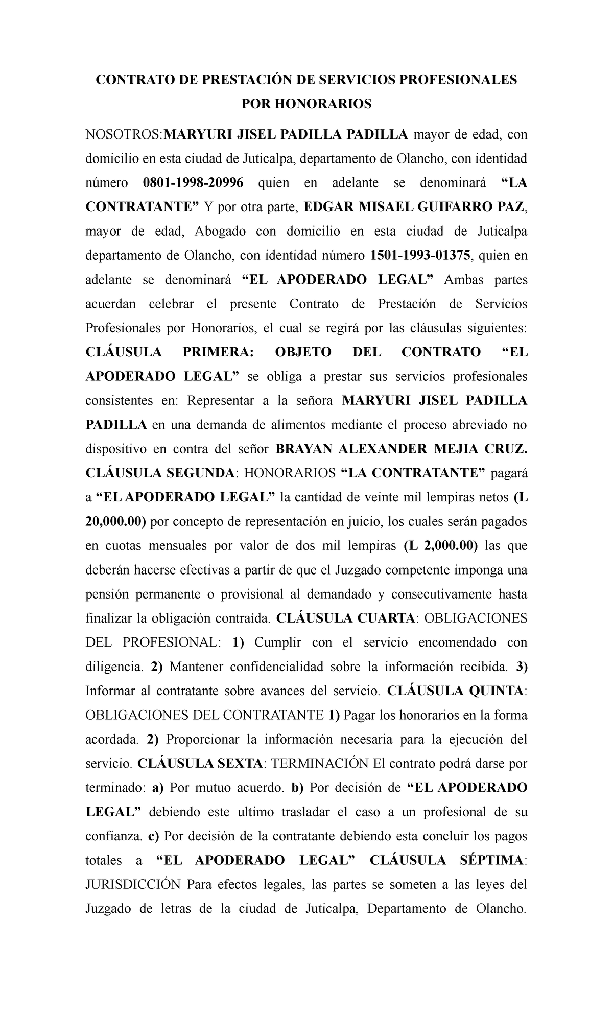 Contrato de Prestación de Servicios Profesionales - Honorarios - Studocu