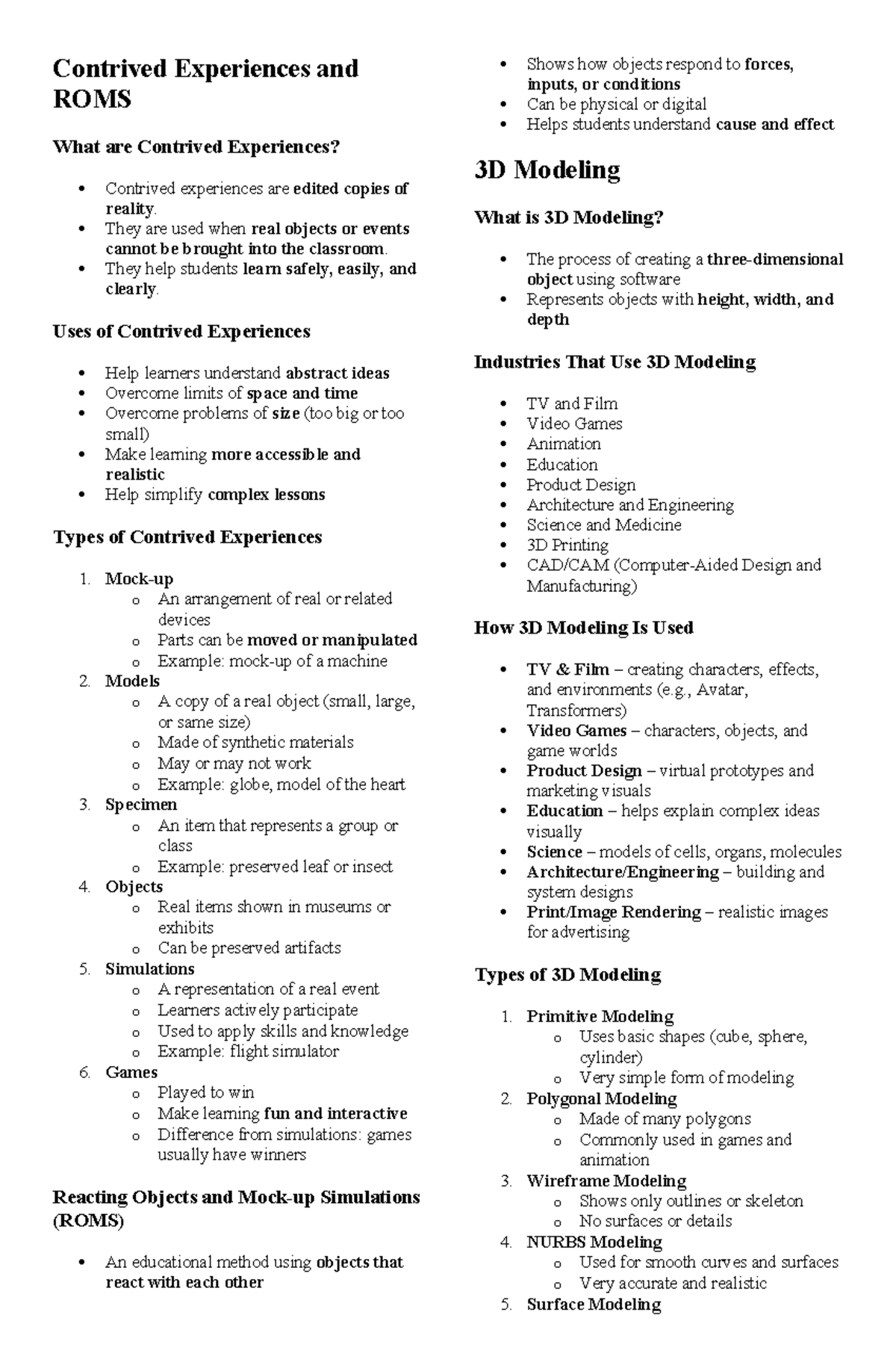 CT Notes: Understanding Contrived Experiences and 3D Modeling - Studocu