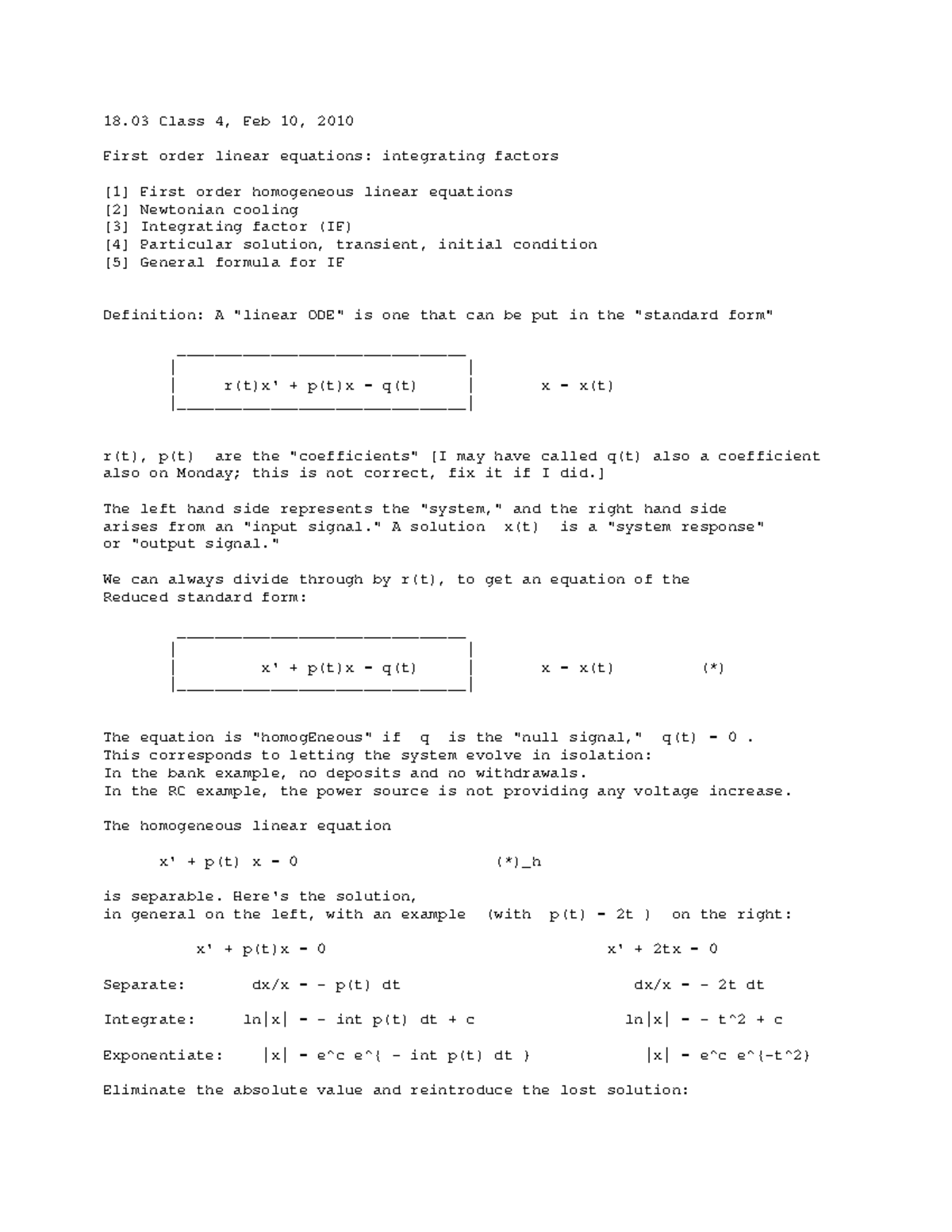 MIT 18.03 Class 4 Notes: First Order Linear Equations & Applications ...