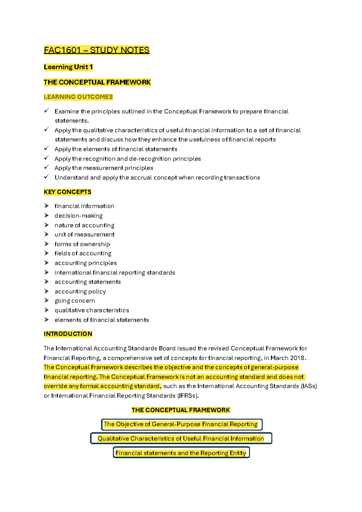 FAC1601 STUDY NOTES: Conceptual Framework & Financial Reporting ...