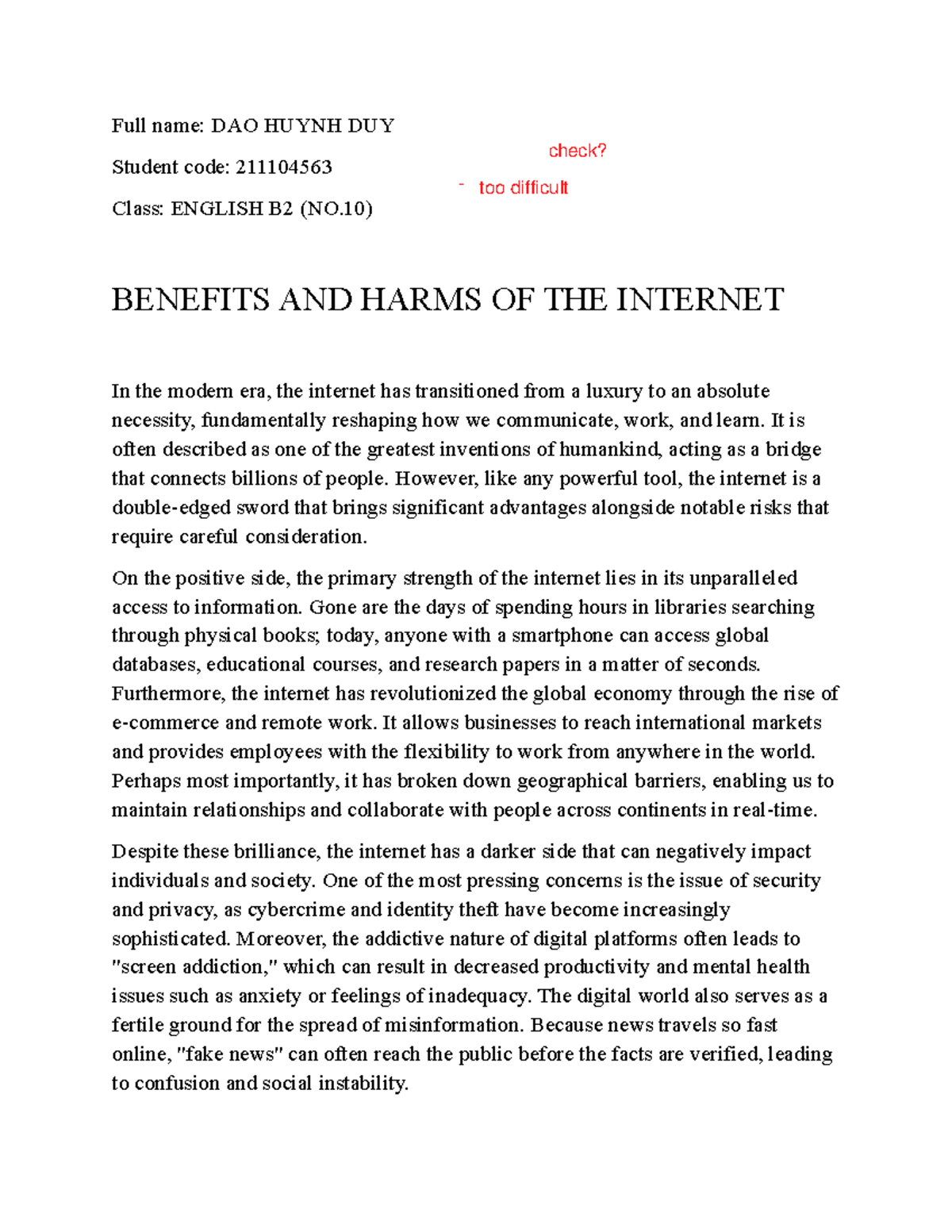 Benefits and Harms of the Internet - ENGLISH B2 (NO.10) Essay - Studocu