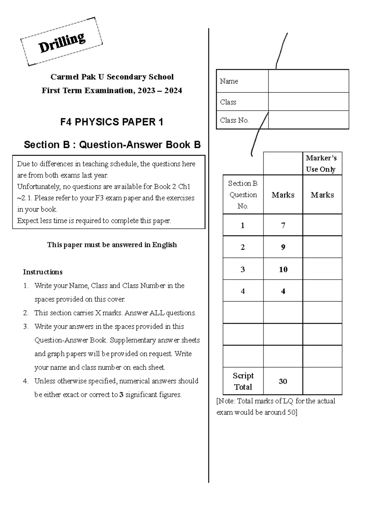 F4 Physics First Term Exam Paper 1B 2023-2024 - Studocu