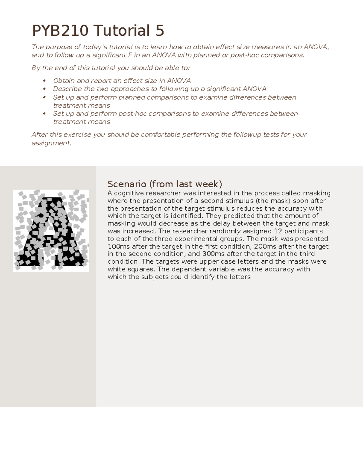 PYB210 Tutorial 5: ANOVA Effect Size & Follow-Up Comparisons - Studocu