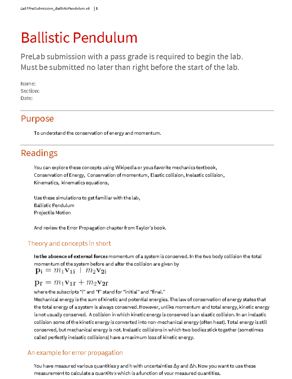 Lab 7: PreLab Submission for Ballistic Pendulum Experiment - Studocu