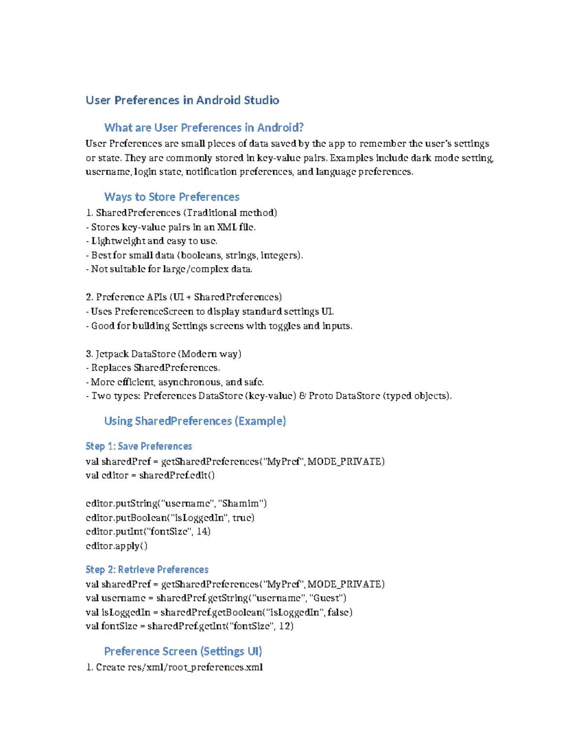 User Preferences in Android: A Comprehensive Guide (CS101) - Studocu