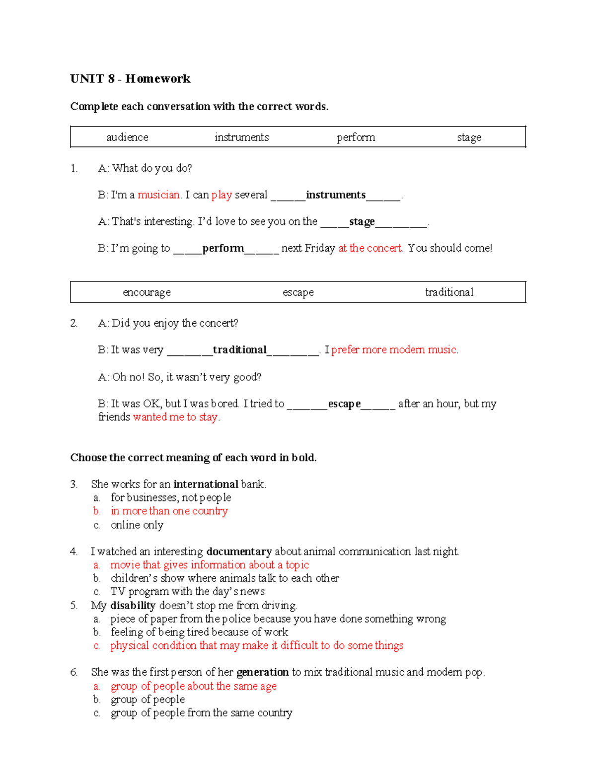 UNIT 8 Homework - Complete Conversations and Choose Correct Words - Studocu