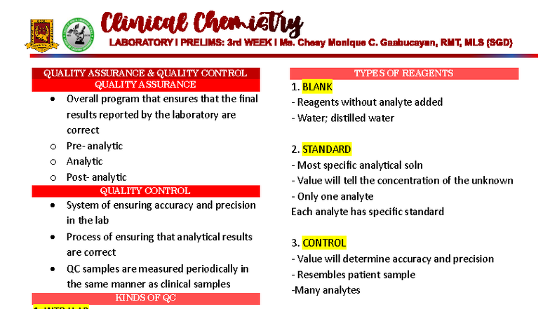 CC1 LAB 3RD WEEK - Colegio, Vanessa Shayne A. 1 Clinical Chemistry ...