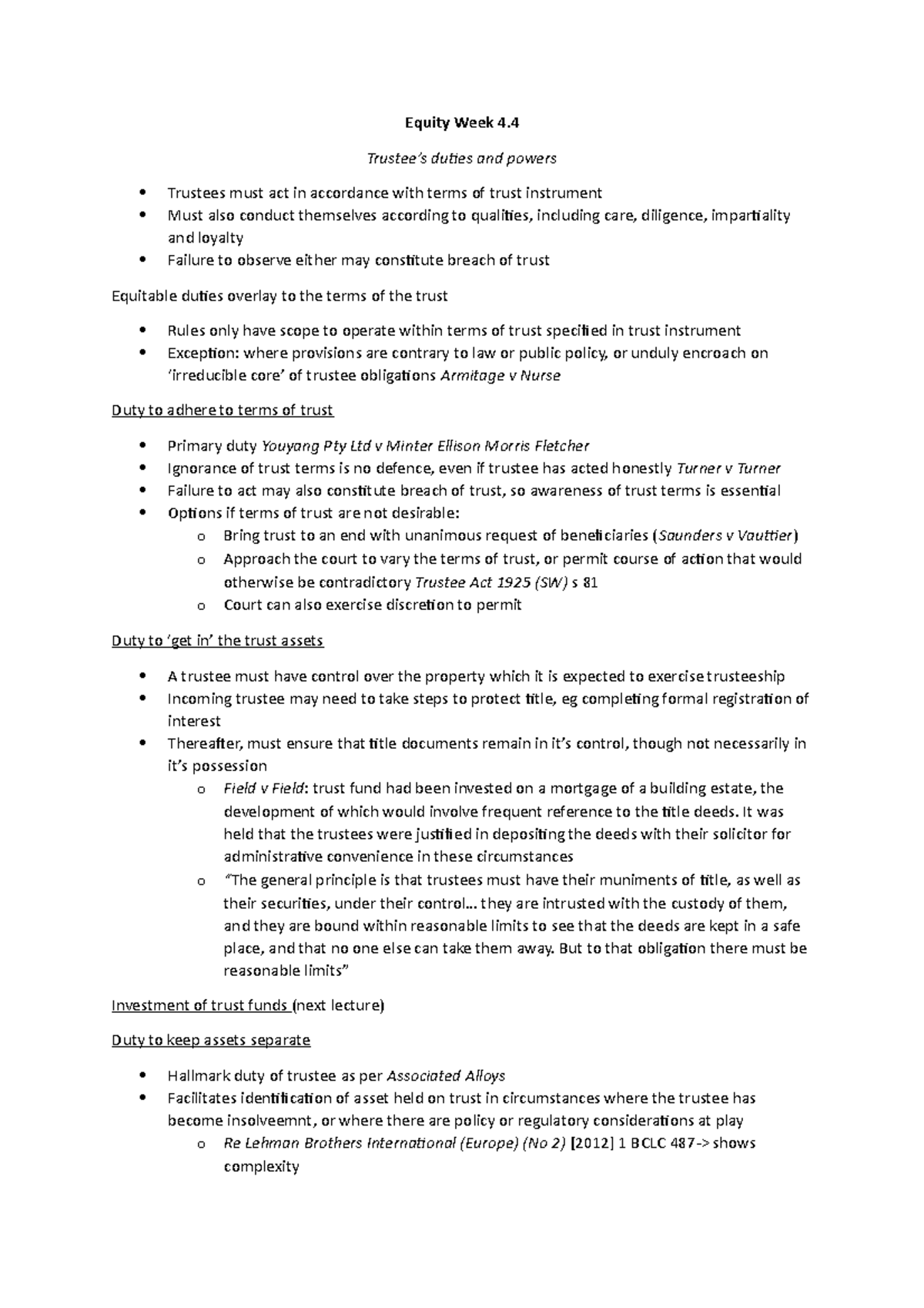 Equity Week 4 - Lecture Notes on Trustee Duties and Powers - Studocu