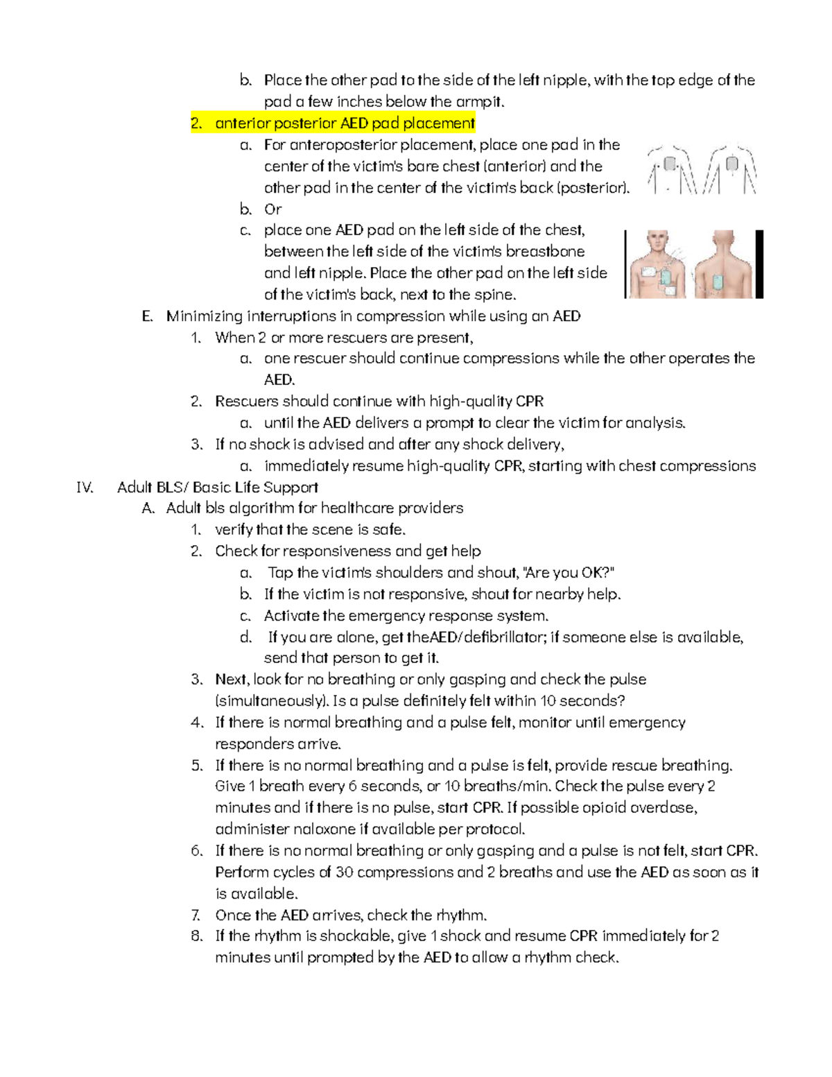BLS Part 5: AED Pad Placement and CPR Guidelines - Studocu