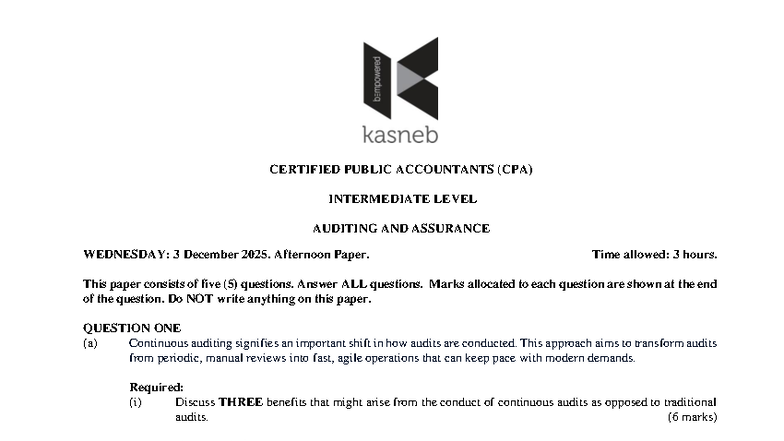 CA24 Intermediate Level Auditing & Assurance Exam - 3 Dec 2025 - Studocu