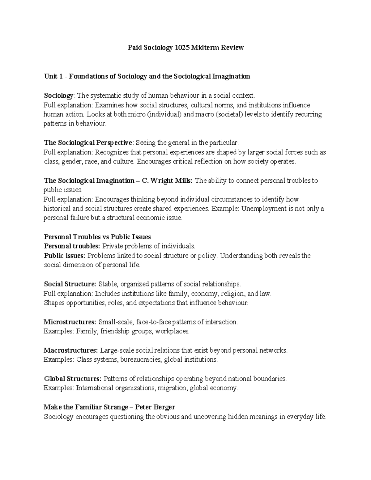 Sociology 1025 Midterm Review: Foundations & Key Theories - Studocu