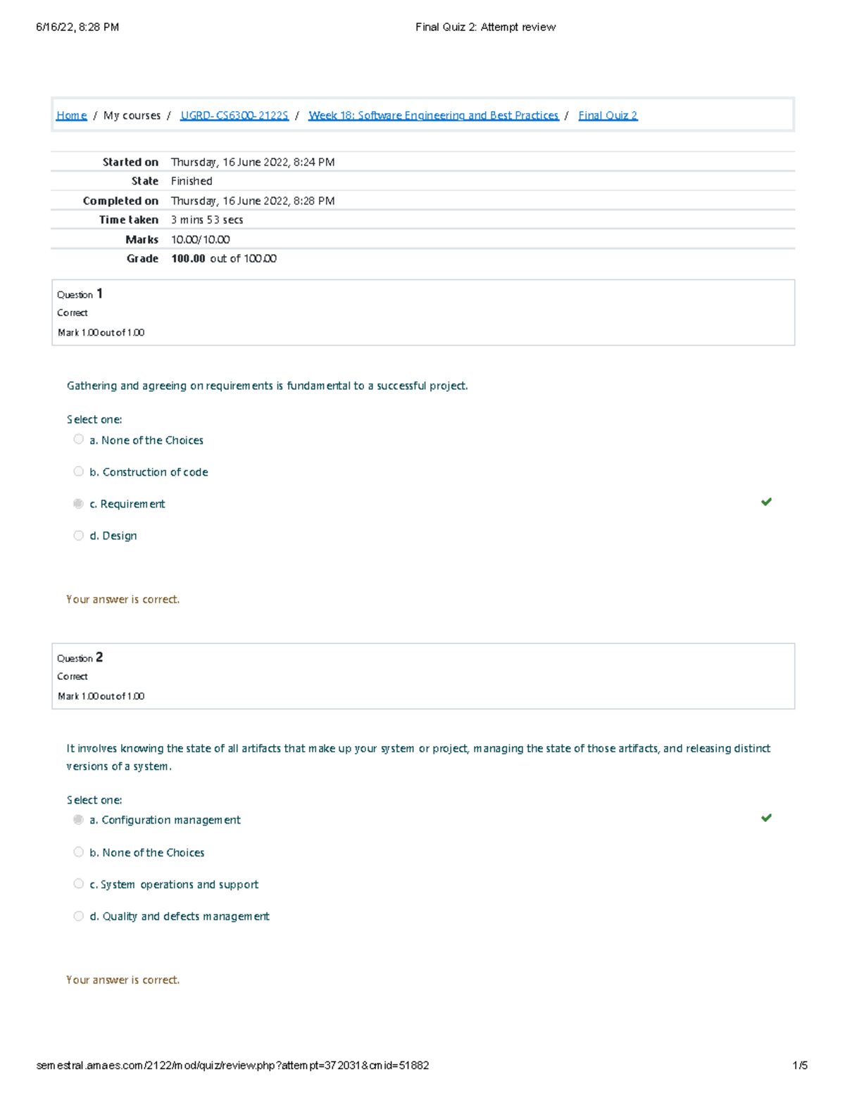 Final Quiz 2 - UGRD-CS6300-2122S Software Engineering Insights - Studocu