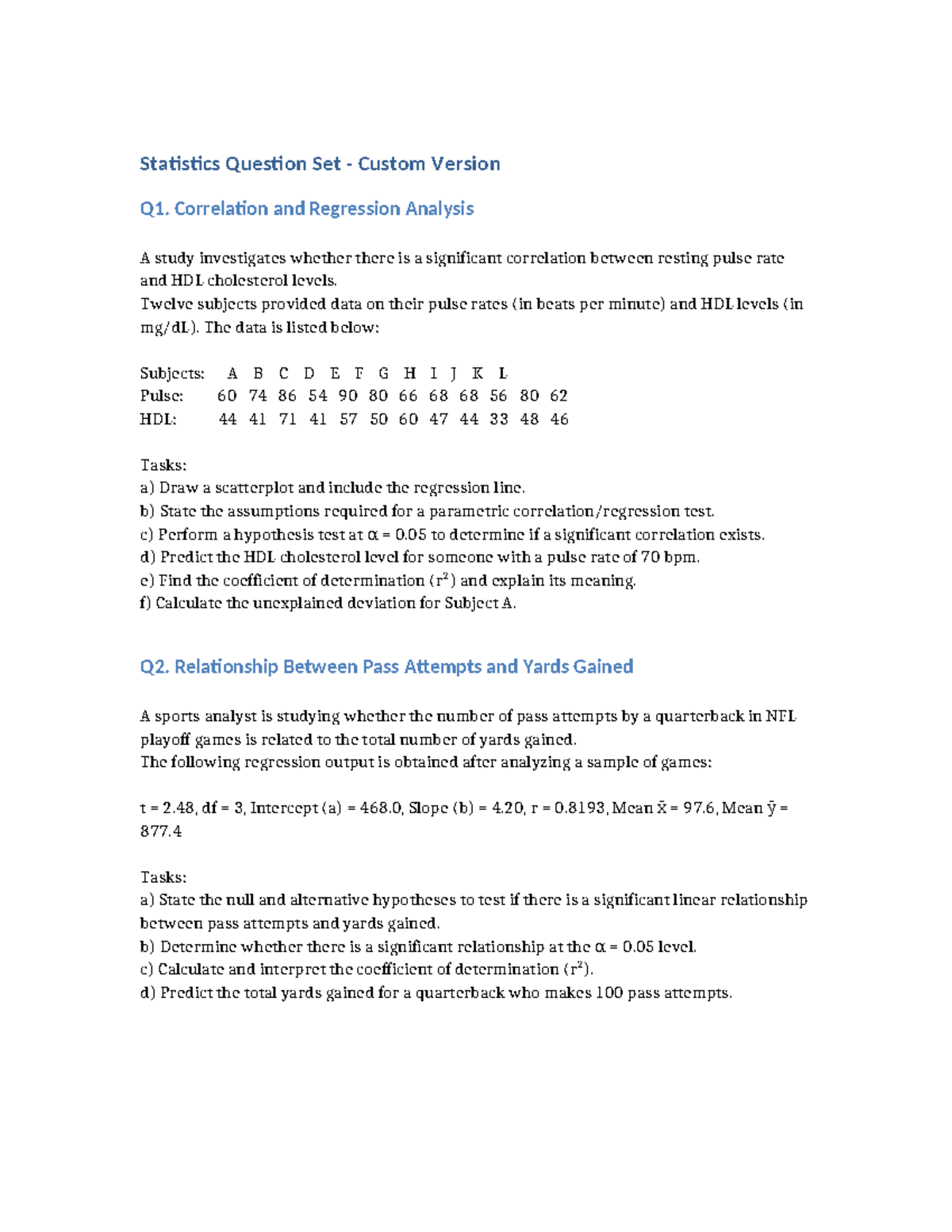 Statistics Q1 & Q2: Correlation & Regression Analysis Questions - Studocu