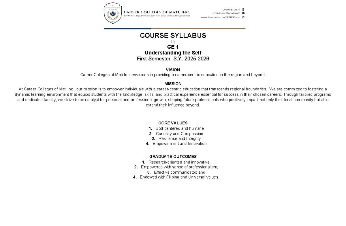 GE 1 Course Syllabus: Understanding the Self - First Semester - Studocu