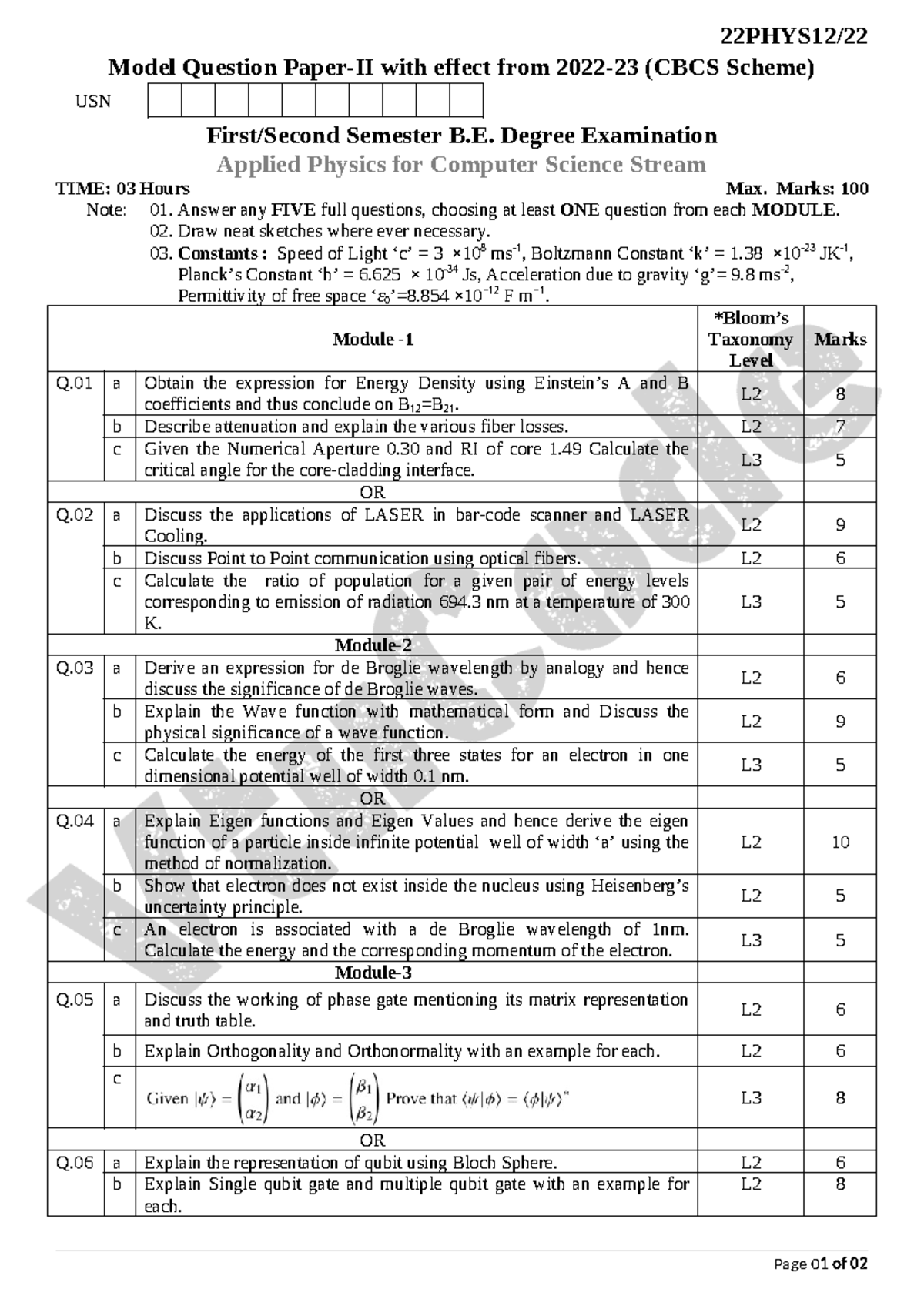 Model Question Paper for 22PHYS12: Applied Physics Exam Set 2 - Studocu