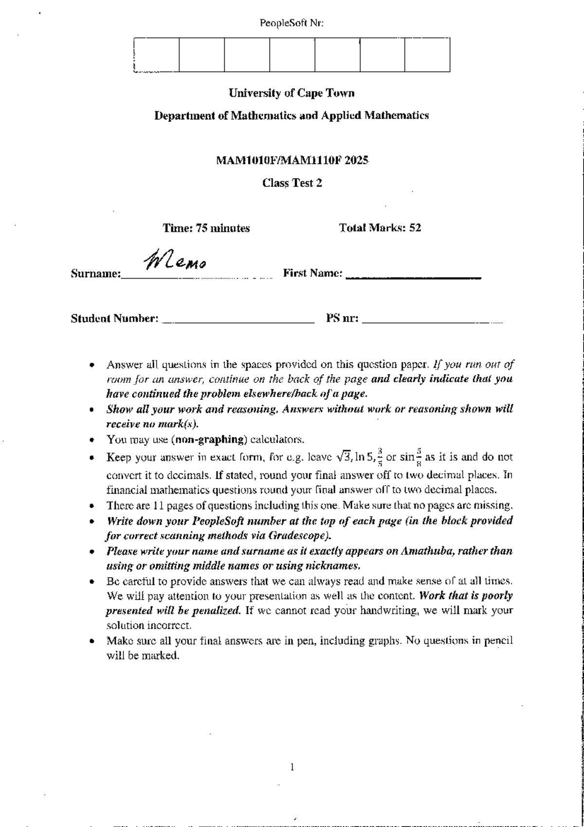 MAM1010F Class Test 2 2025 Memo: Solutions and Guidelines - Studocu