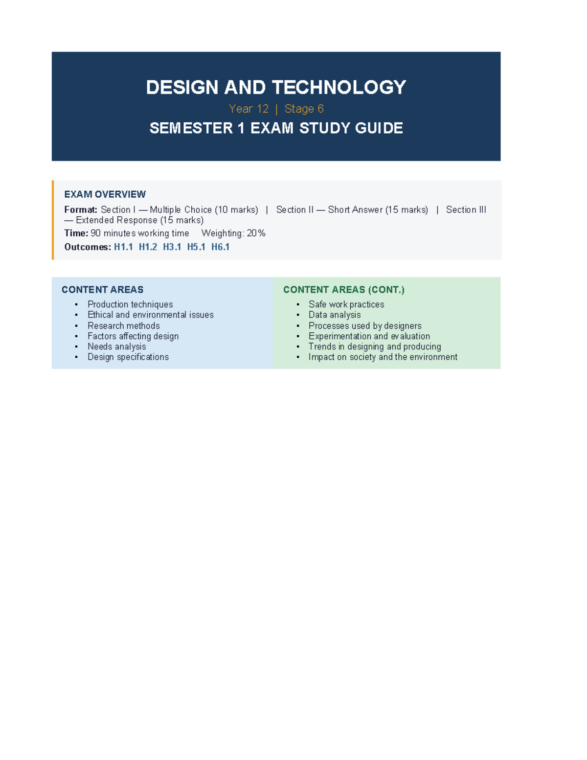 DT Year 12 Stage 6 Semester 1 Exam Study Guide - Studocu