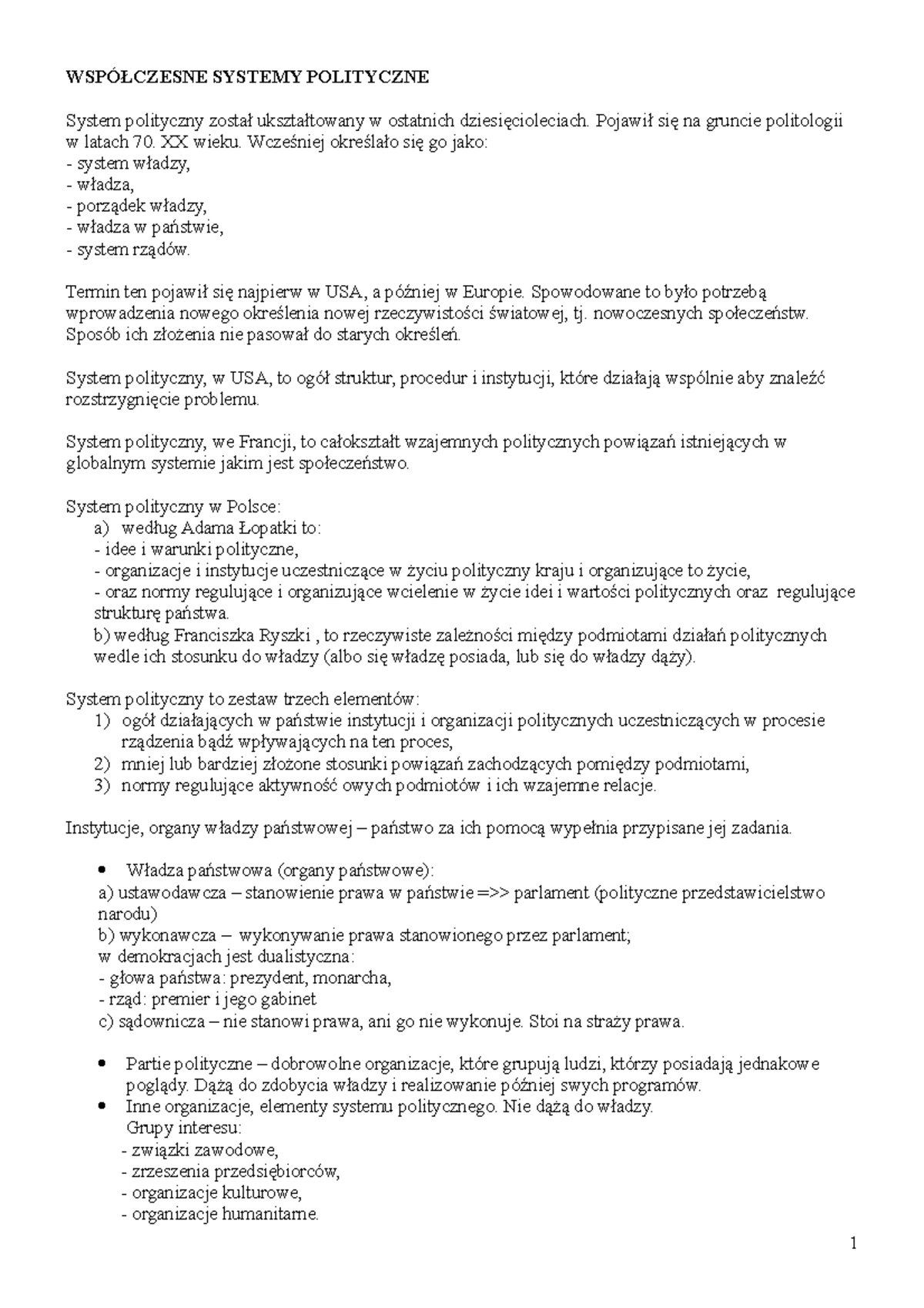 Systemy polityczne - WSPÓŁCZESNE SYSTEMY POLITYCZNE System polityczny ...