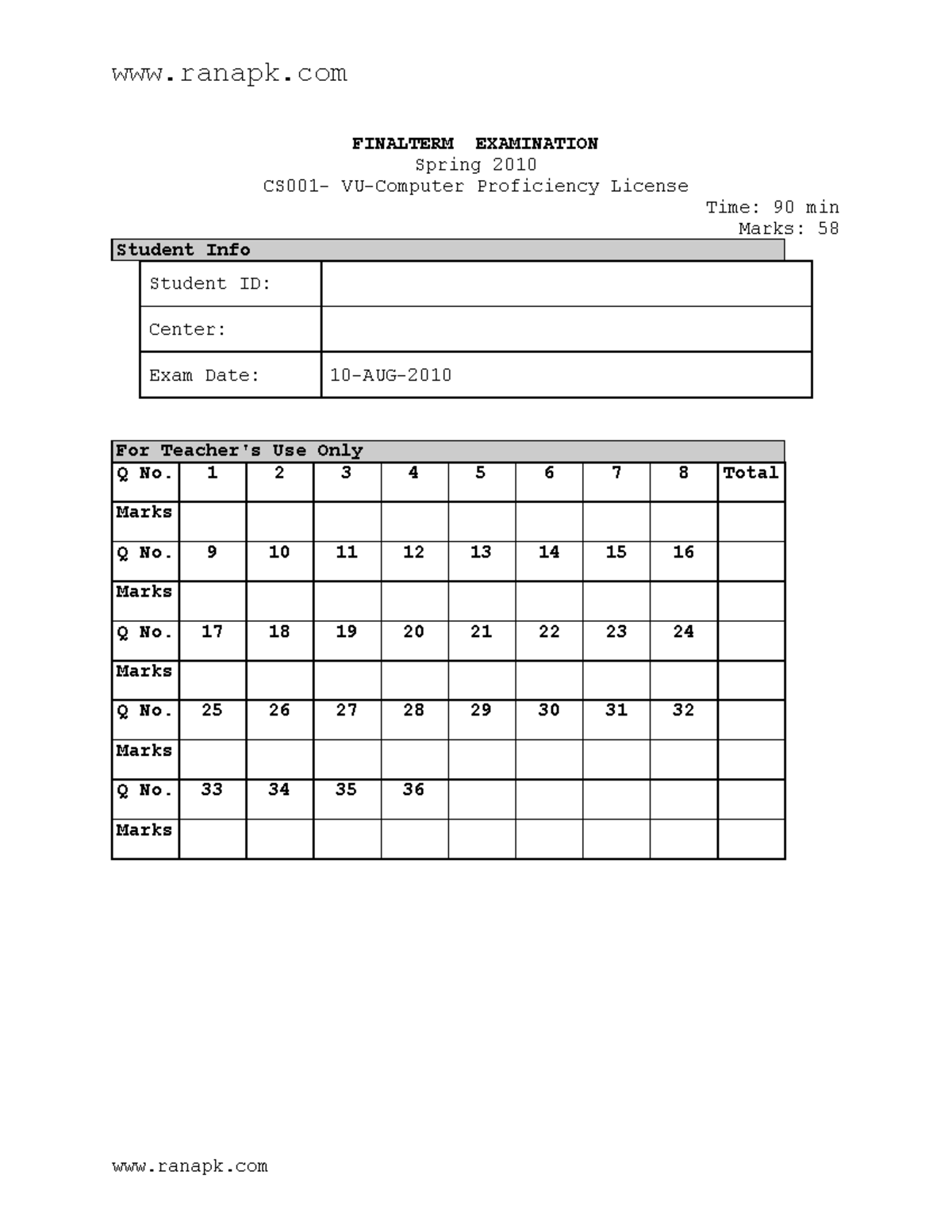 CS001 Final Term Spring 2010 10 - FINALTERM EXAMINATION Spring 2010 ...