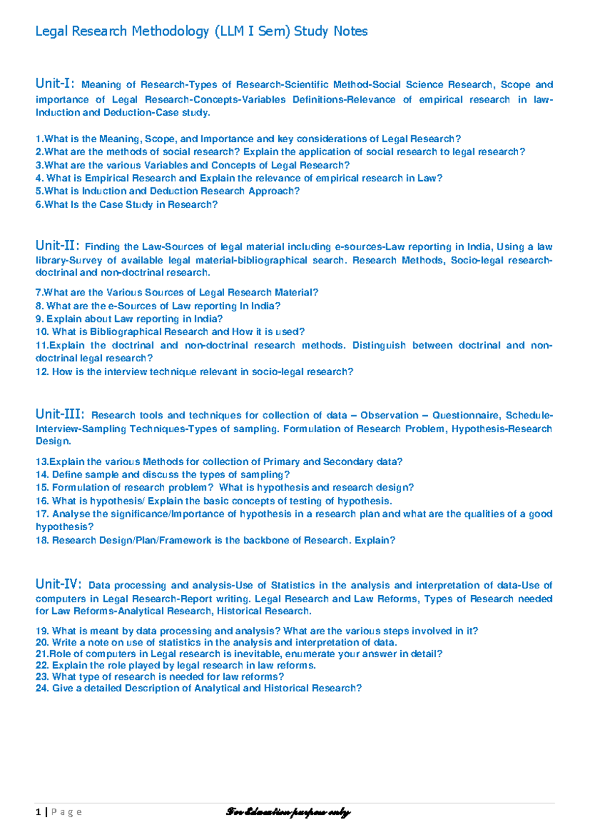 Legal Research Methodology (LLM I Sem) Study Notes: Key Concepts and ...