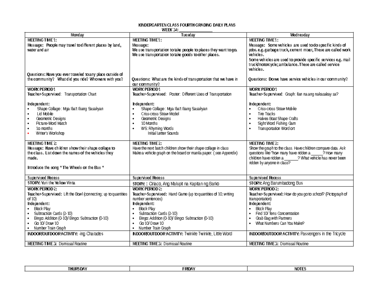 Kindergarten Detailed Lesson Plan Week 34 34 - KINDERGARTEN CLASS ...