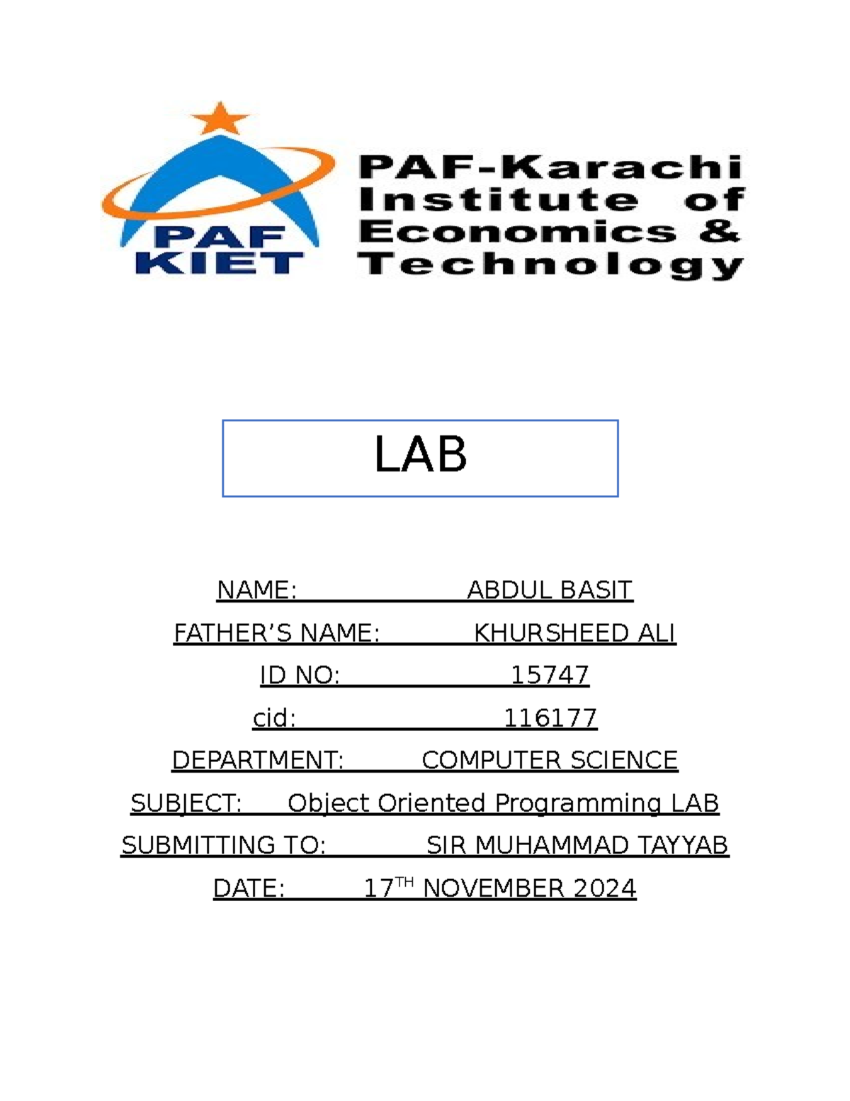OOP Lab Assignment 1 Report for Abdul Basit (ID: 15747) - Studocu