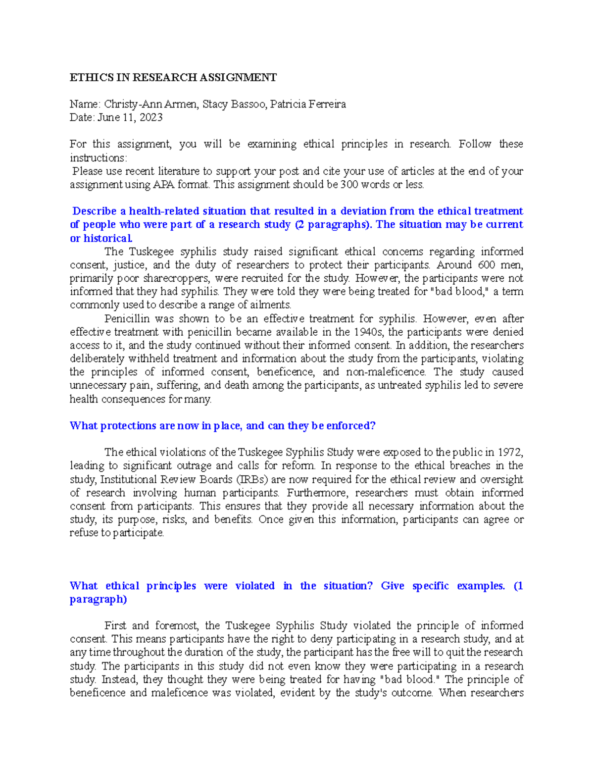 Ethics Assignment - ETHICS IN RESEARCH ASSIGNMENT Name: Christy-Ann ...