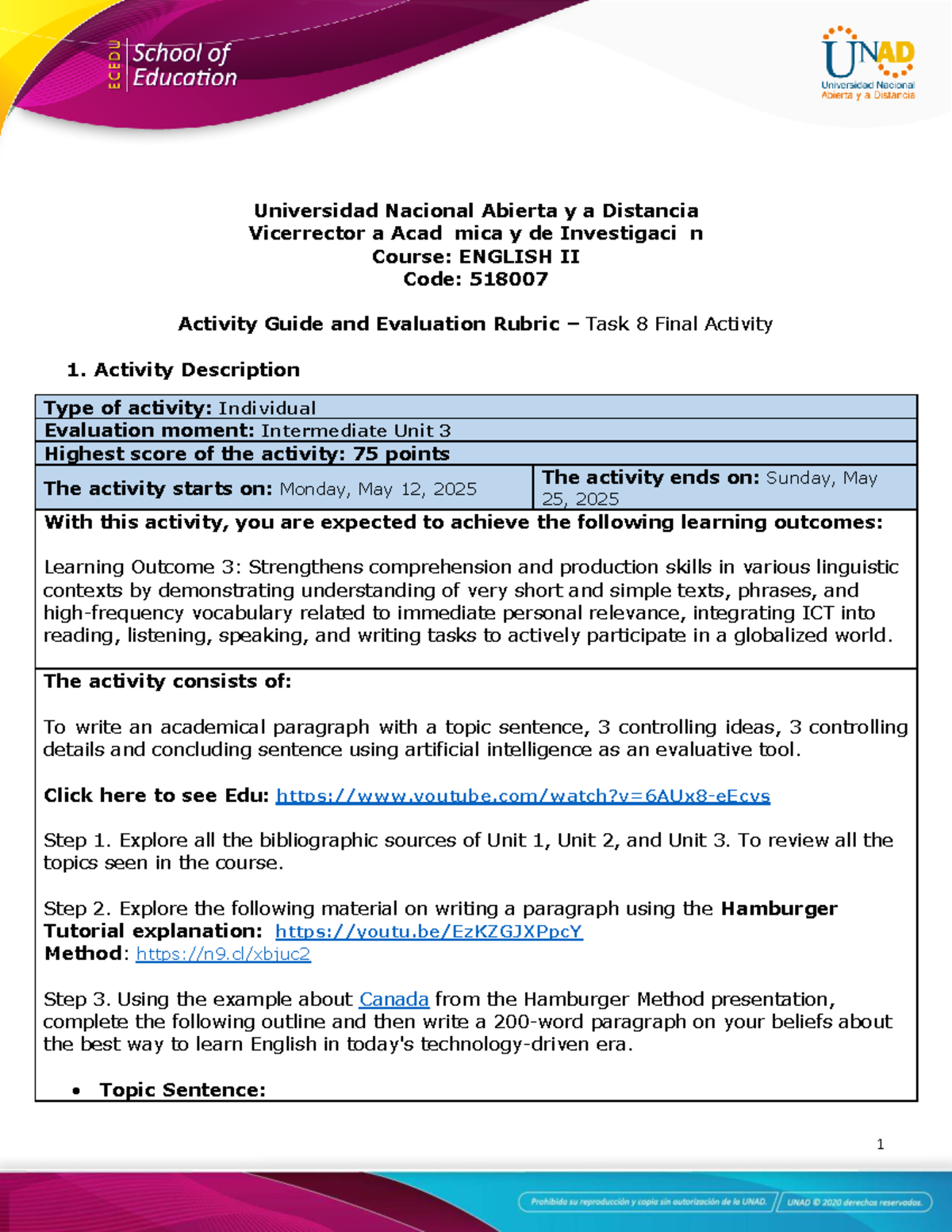 Activity Guide & Evaluation Rubric - ENGLISH II 518007 - Task 8 Final ...