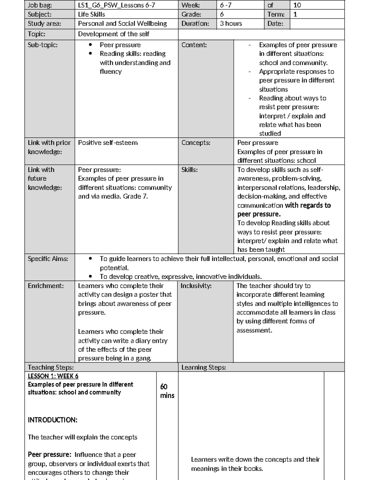 LS1 G6 PSW Lesson Plan: Understanding and Resisting Peer Pressure - Studocu